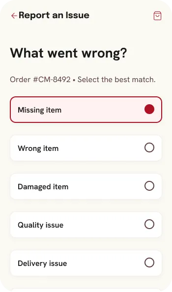 Calabria Market report an issue support screen